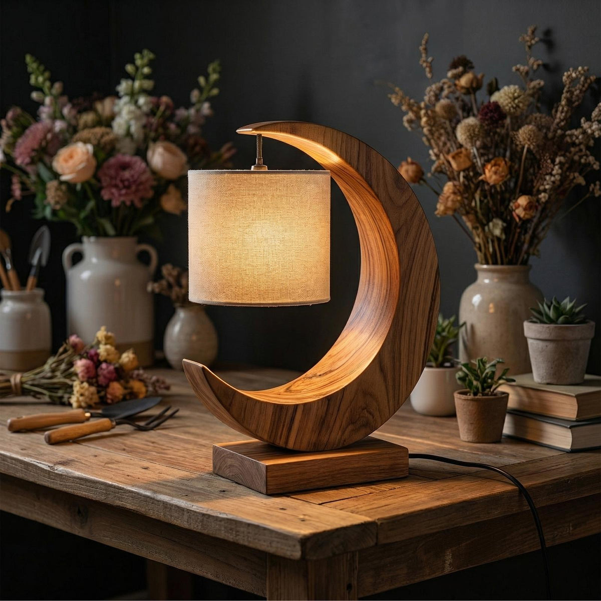 Minimalist Sculptural Table Lamp, Modern Wood Bedside Nightstand Light for Bedroom Reading Nook