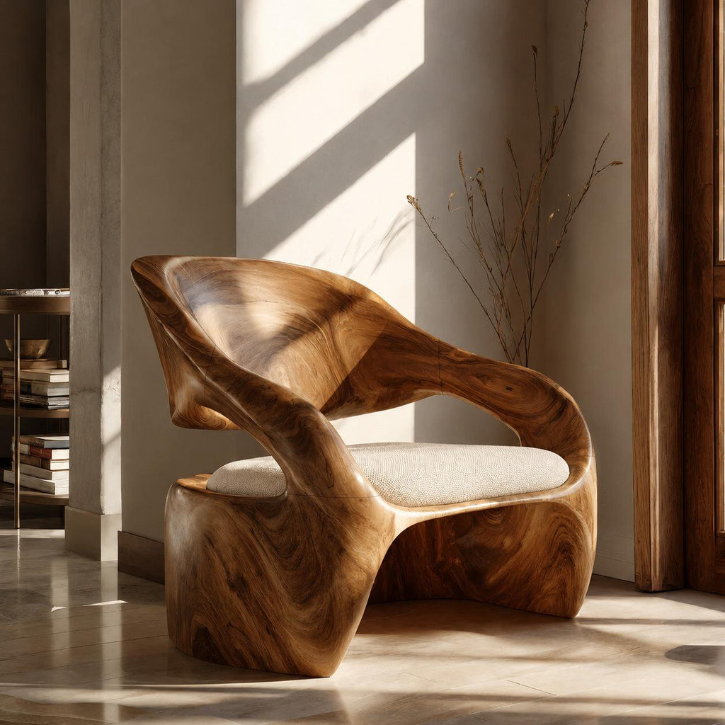 Organic Sculptural Wood Lounge Chair, Unique Accent Armchair Seating for Living Room, Bedroom or Reading Nook