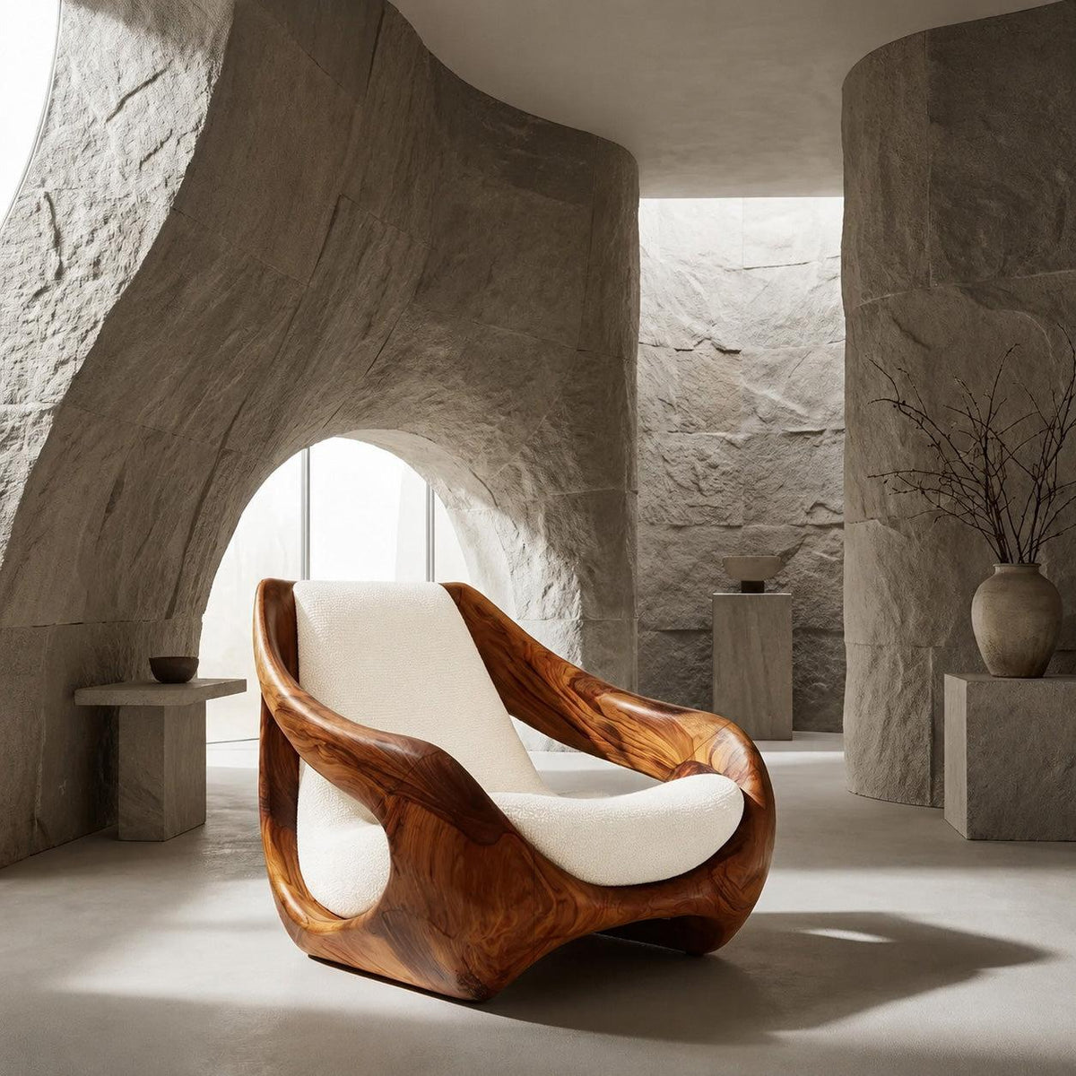 Sculptural Natural Wood Accent Chair, Artistic Handcrafted Solid Wood Lounge Armchair for Living Room