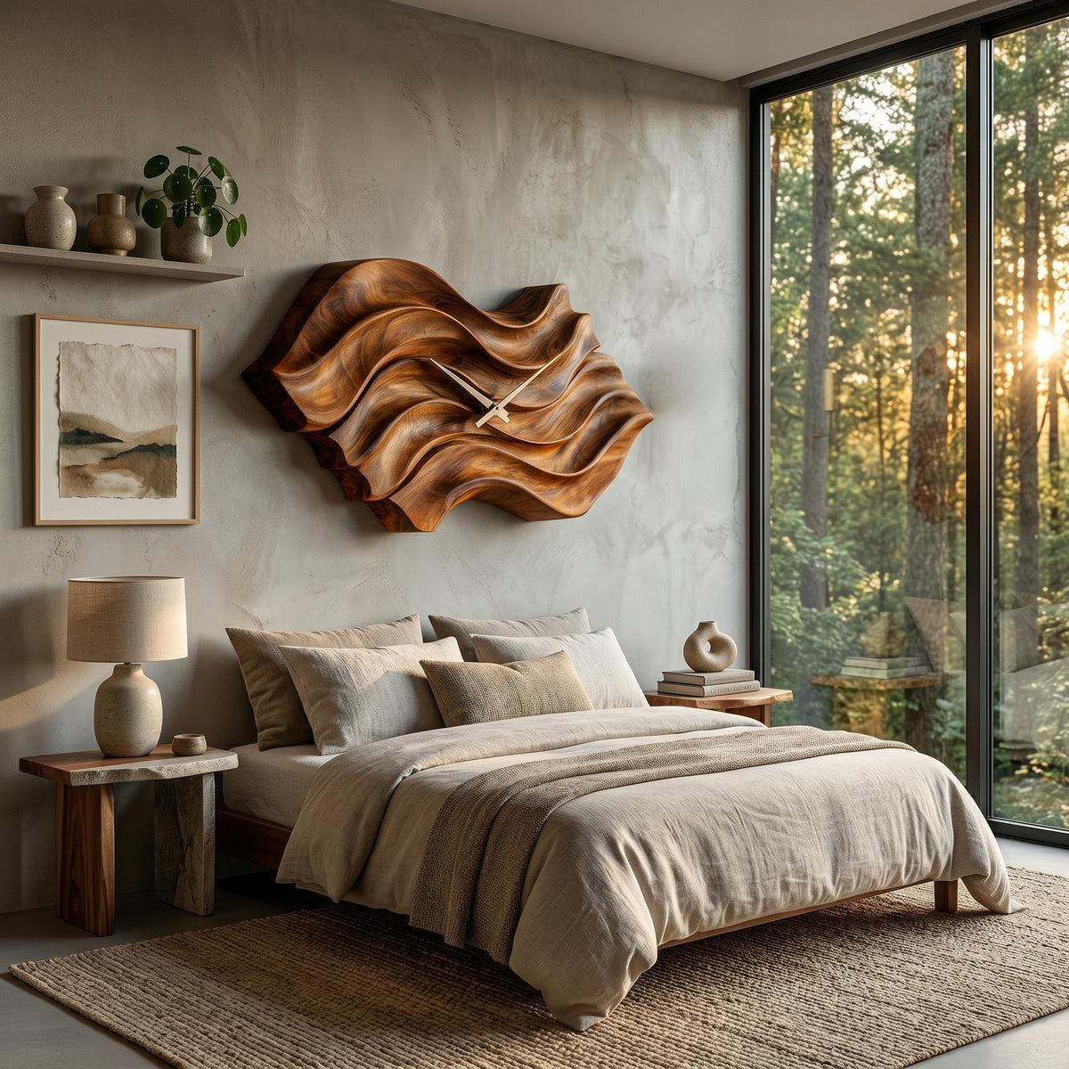 Modern Wooden Wall Clock, Organic Wavy Shape Solid Wood Quiet Timepiece for Bedroom Office Decor
