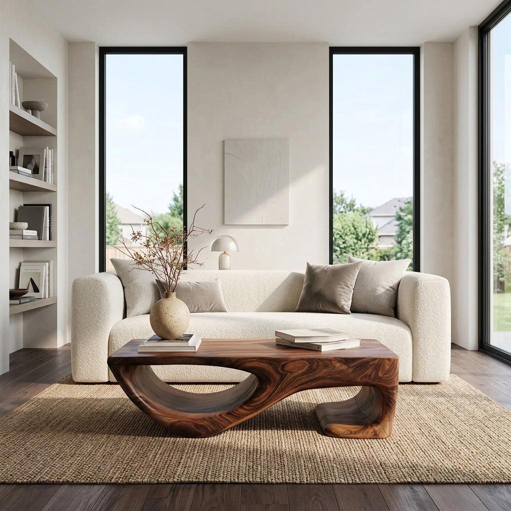 Spry Interior Minimalist Curved Wooden Coffee Table, Modern Organic Sleek Center Table for Living Room, Model RTTHHNCF047