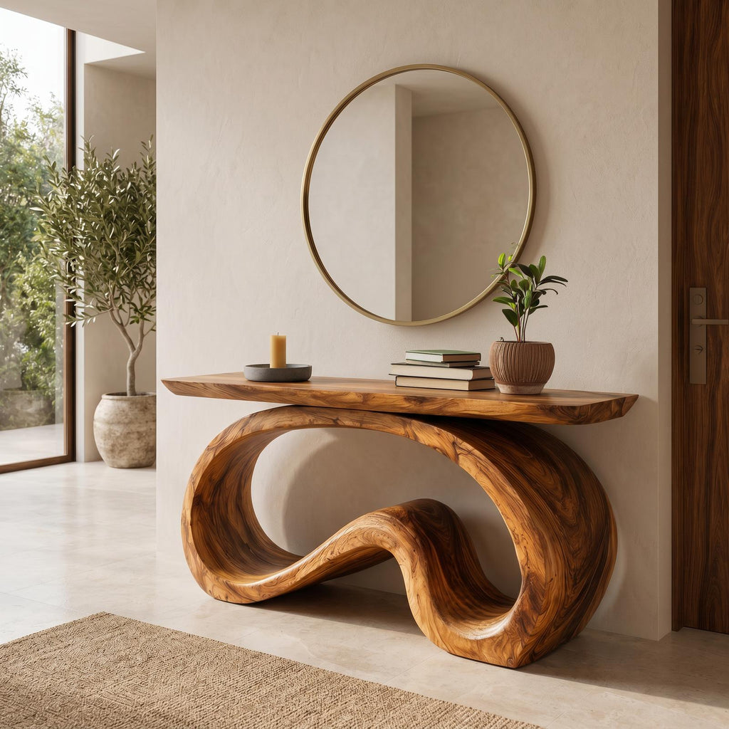 Artistic Wooden Console Table with Flowing Wood Base, Handcrafted Entryway Table for Living Room & Hallway, Model