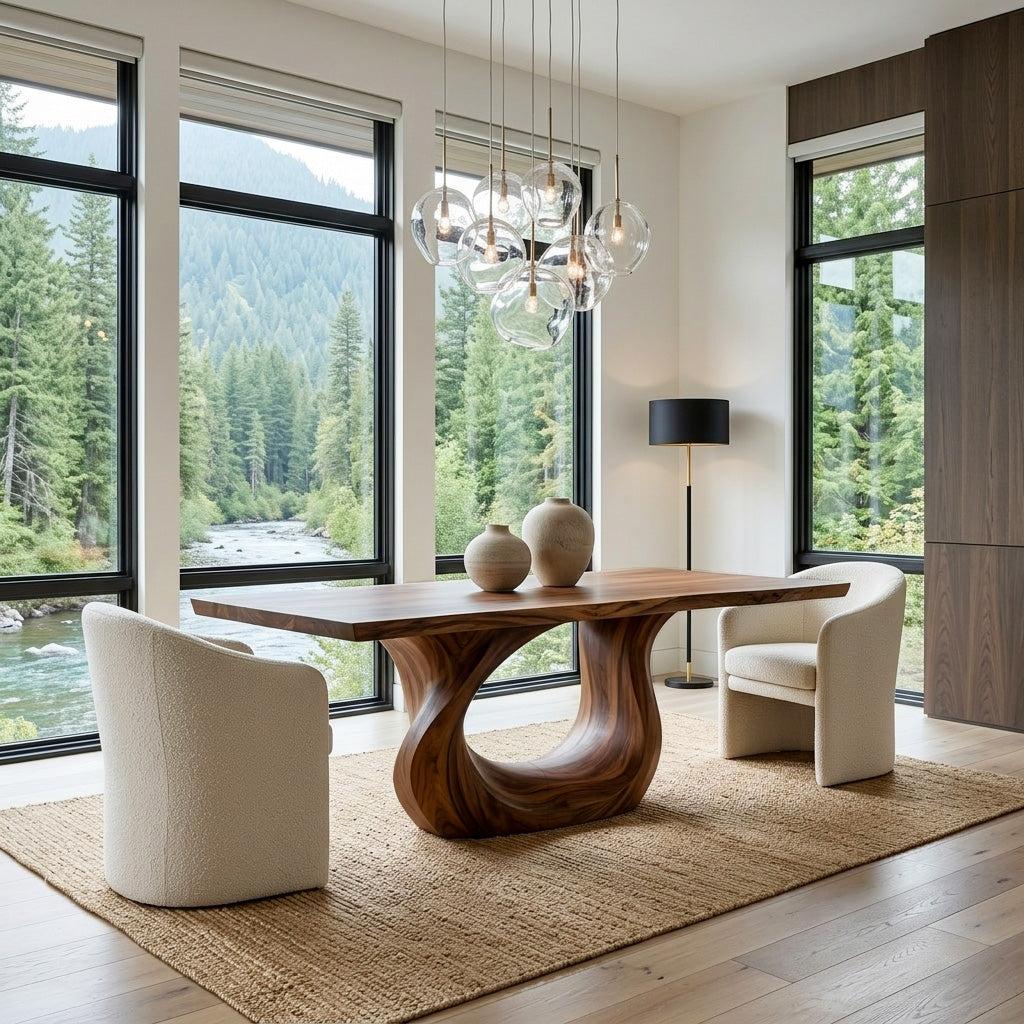 Modern Solid Wood Dining Table with Sculptural Pedestal Base, Large Kitchen & Dining Room Table, Natural Finish