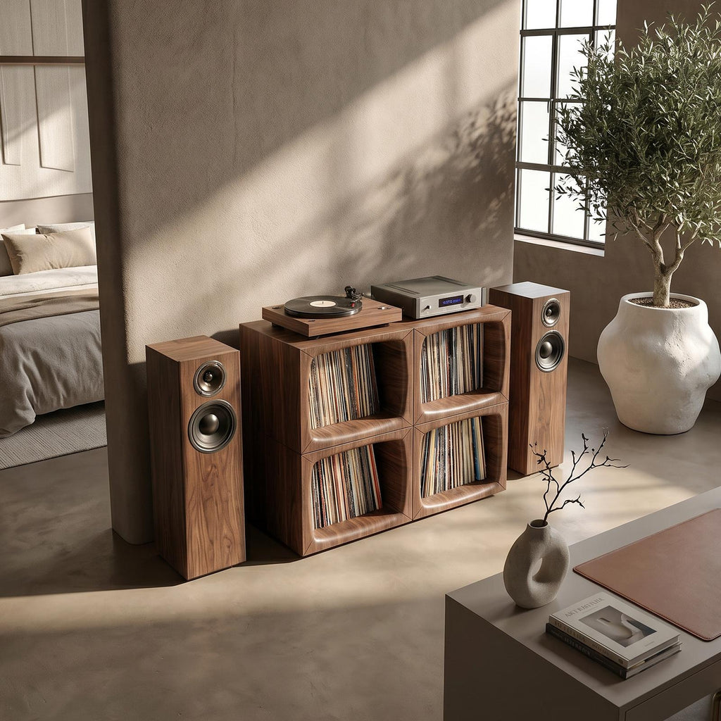 Modern Wooden Cube Record Storage Cabinet, Handcrafted Vinyl LP Storage Organizer with Turntable Stand, Model