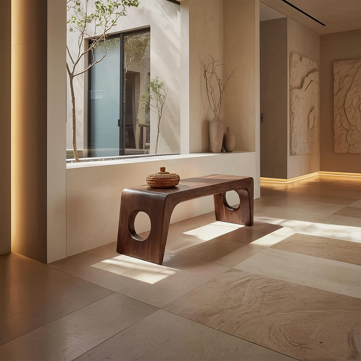 Spry Interior Rustic Minimalist Sculptural Bench, Solid Wood Entryway & Living Room Seating Bench, SINLSARS080