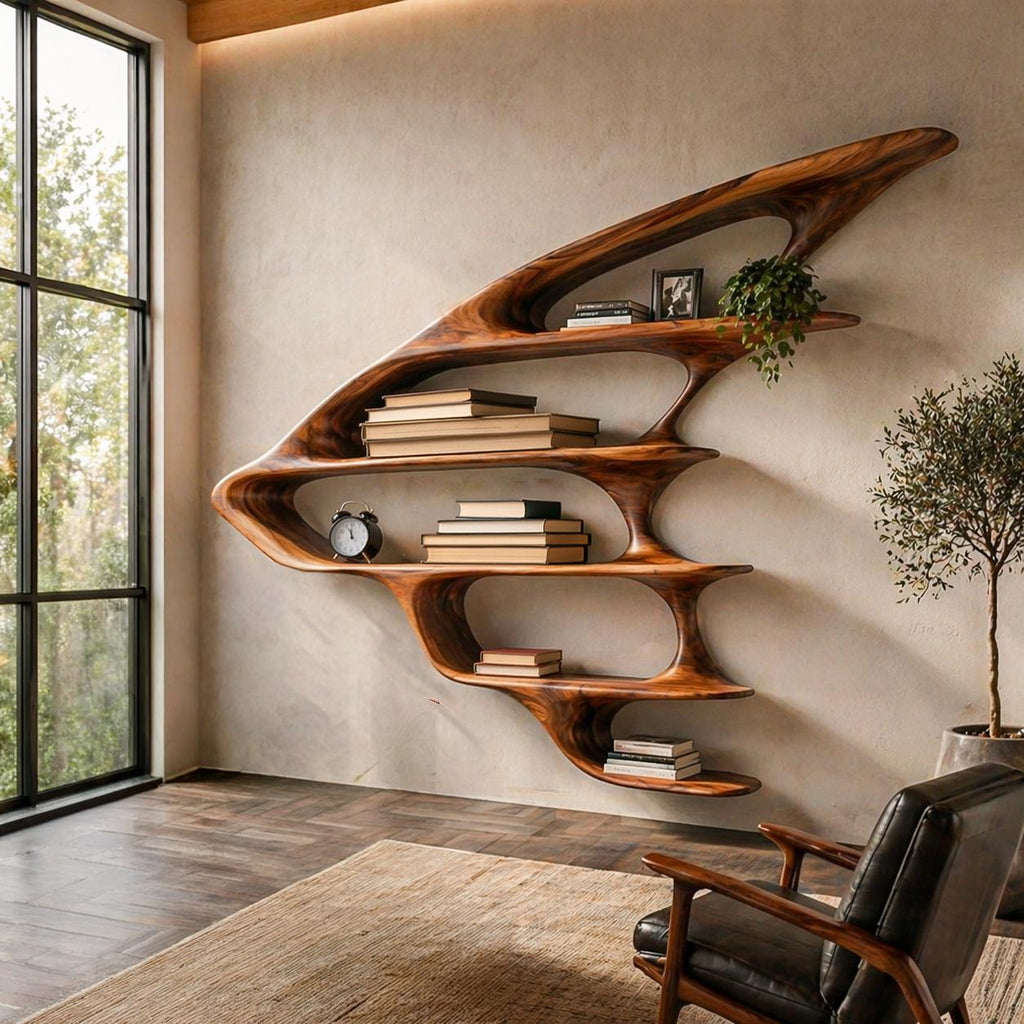 Wooden Floating Bookshelf with Unique Sculptural Design, Handcrafted Wall Mounted Display for Living Room & Office