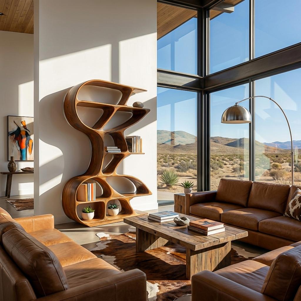 Wooden Bookshelf with Unique Sculptural Design, Handcrafted Solid Wood Bookcase for Modern Living Room & Office