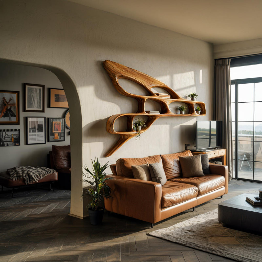 Organic Wooden Wall Bookshelf, Handcrafted Floating Wood Shelf Unit for Luxury Living Room & Office Interior