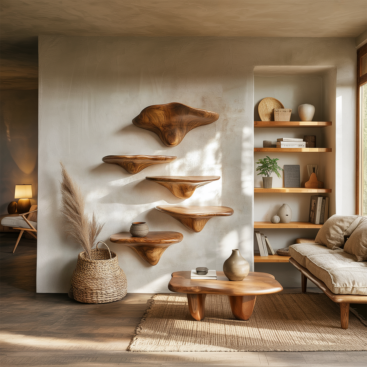 Sculptural Mushroom Wall Shelf, Whimsical Wooden Floating Shelf for Plant Display in Kitchen, Living Room & Bedroom
