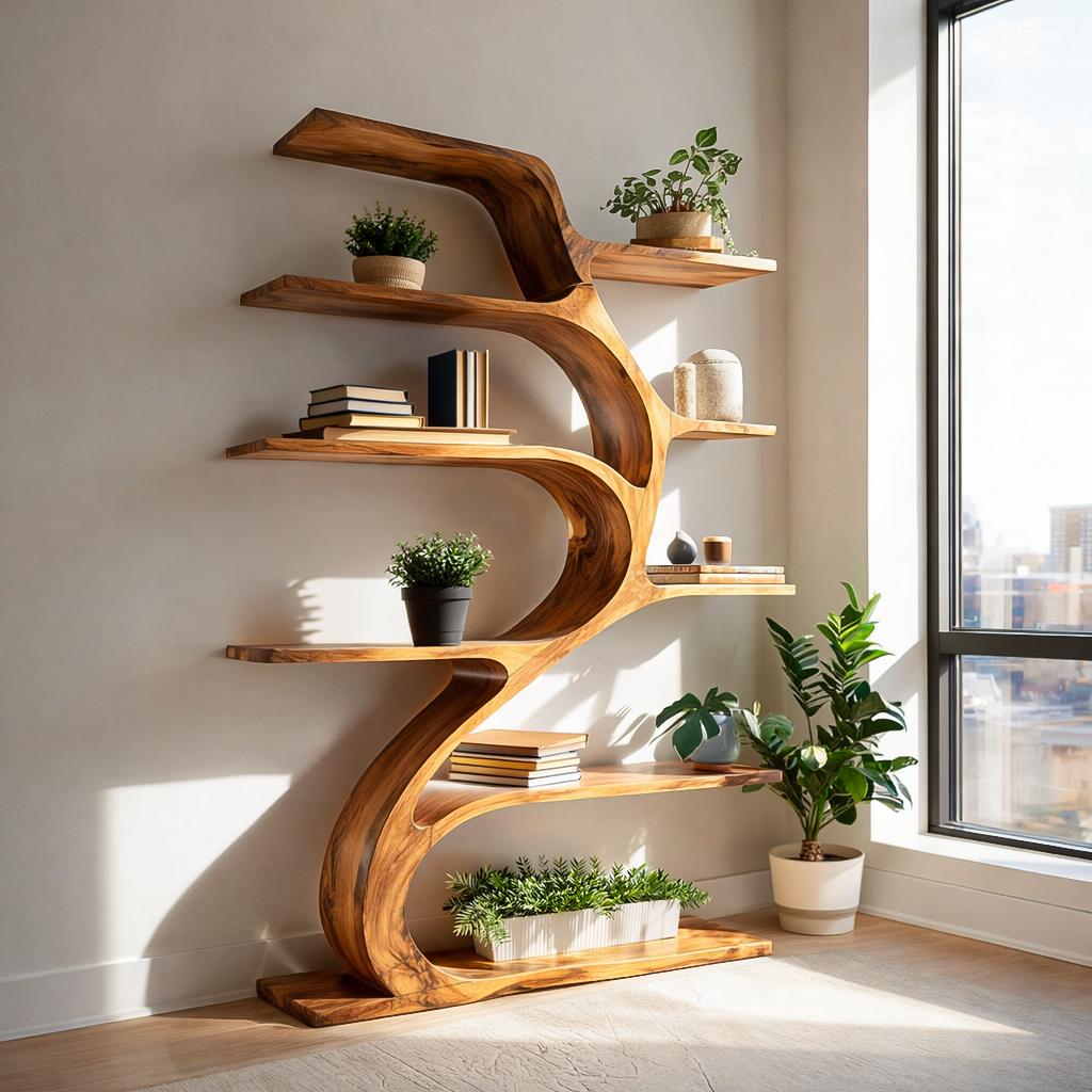 Minimal Natural Wood Bookshelf with Branch Design, Handcrafted Solid Wood Bookcase for Modern Living Room & Office