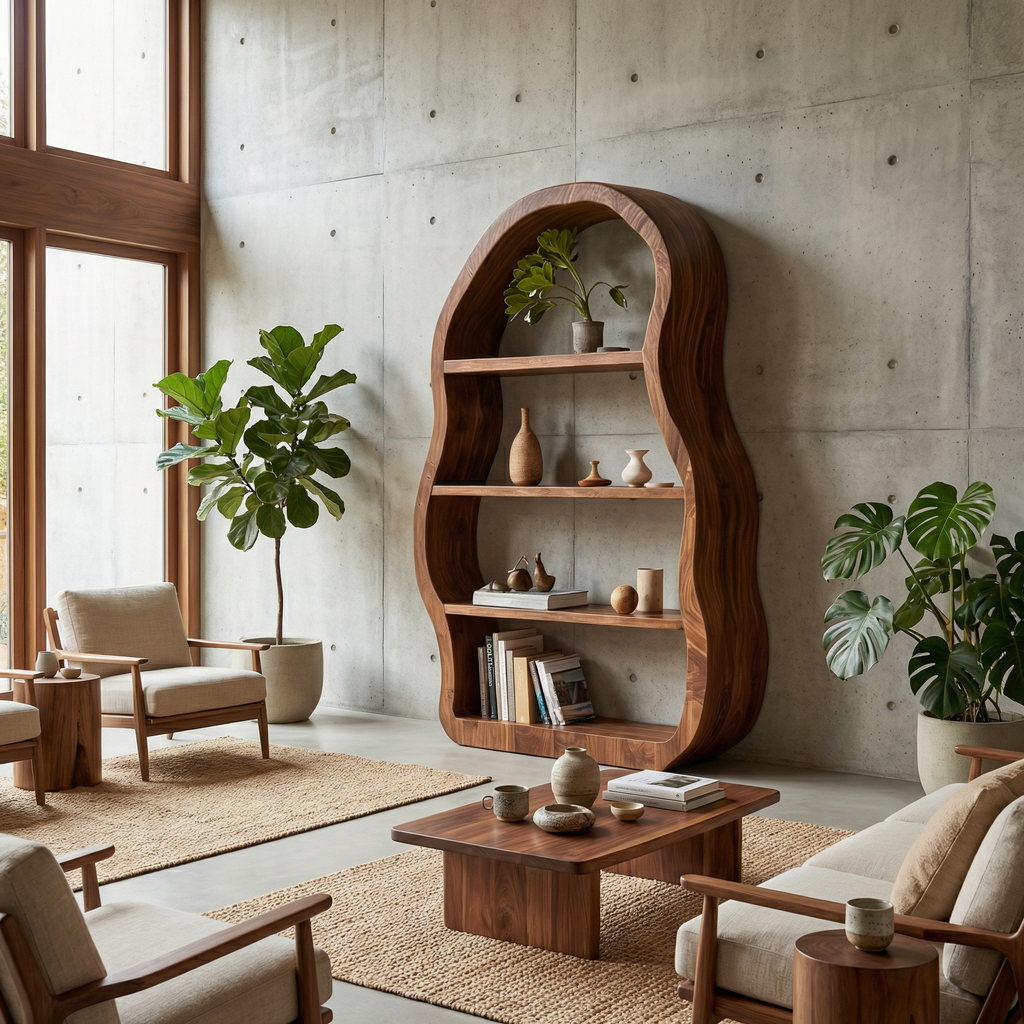 Modern Sculptural Bookshelf, Solid Wood Geometric Bookcase & Display Rack for Office, Living Room Reading Corner