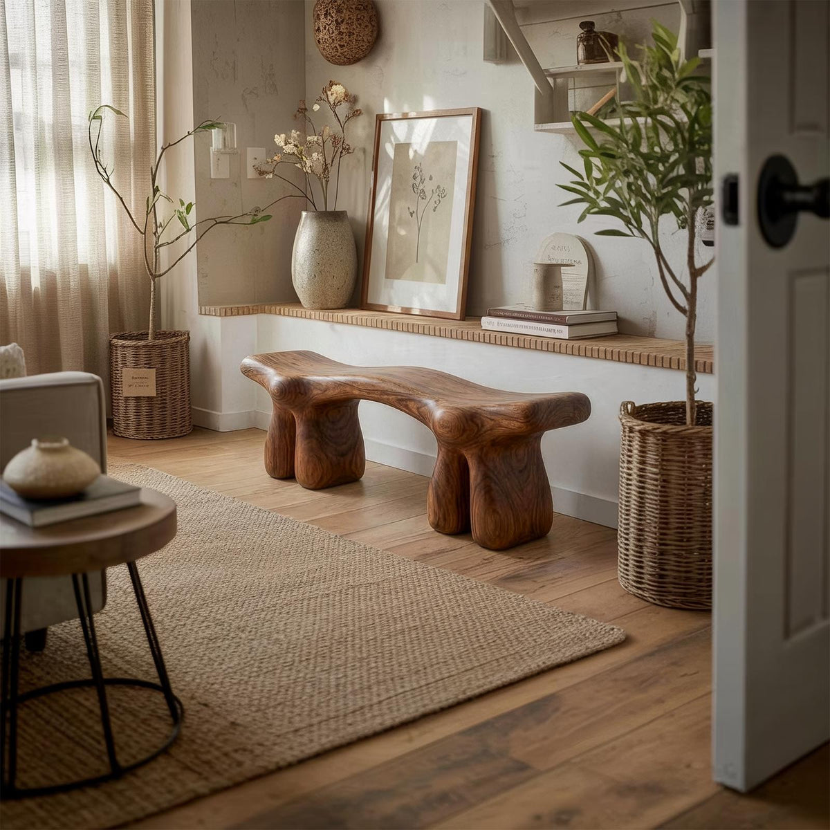 Mid-Century Organic Solid Wood Bench for Entryway, Foyer & Living Room, Handcrafted Modern Indoor Seating