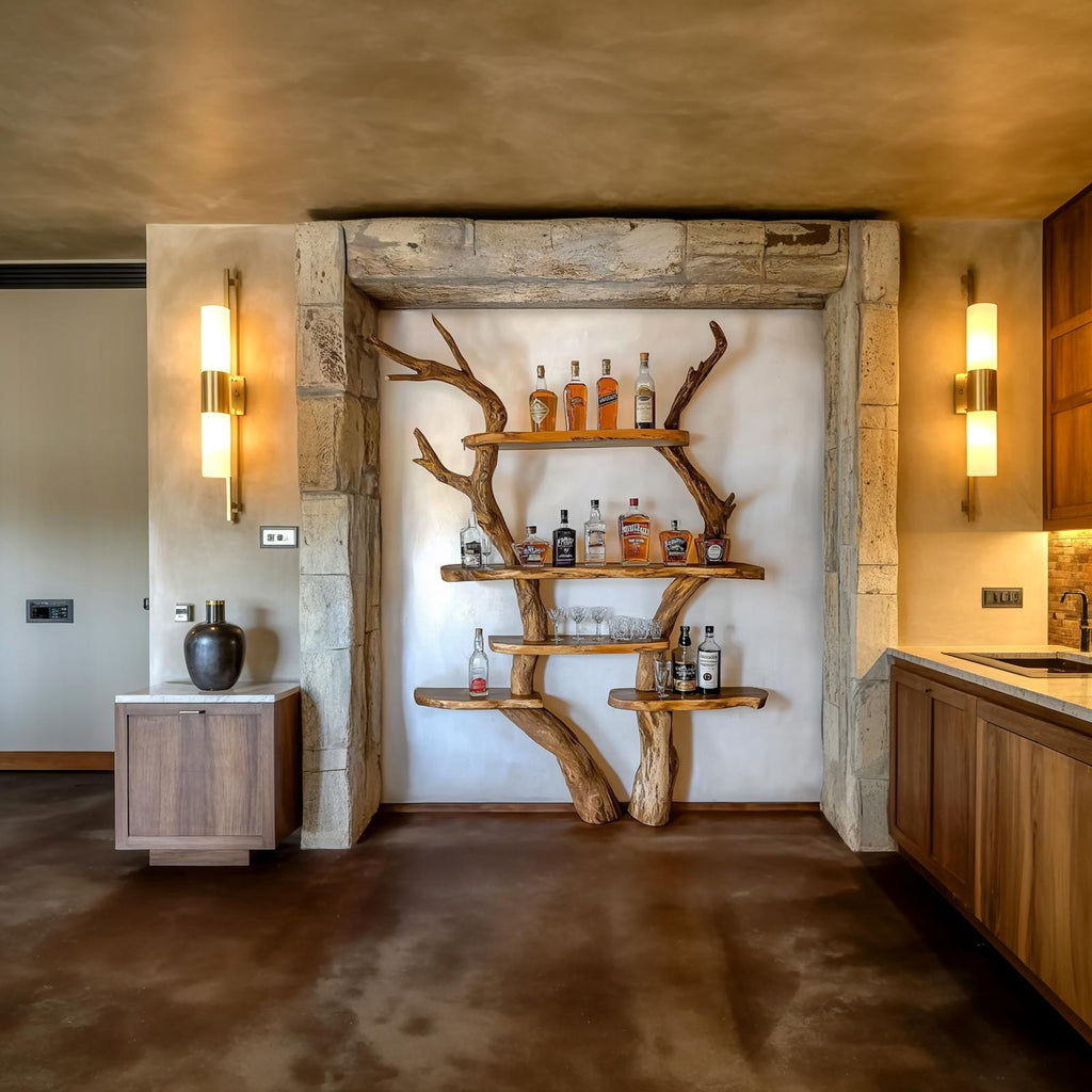 Rustic Bar Tree Wood Shelf, Handcrafted Wall Mounted Liquor & Wine Glass Rack for Home Bar