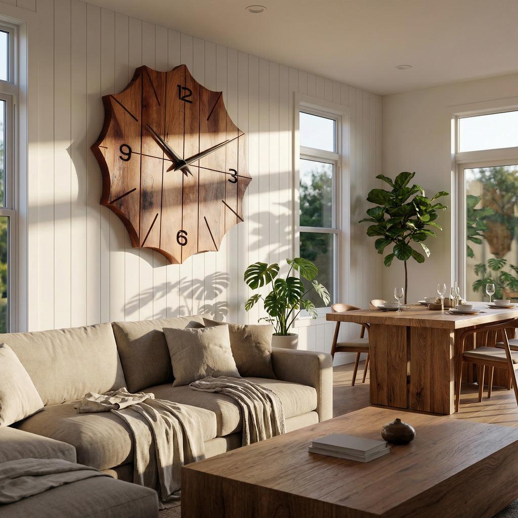 Organic Wooden Wall Clock, Handcrafted Solid Wood Floating Minimalist Timepiece for Living Room Decor