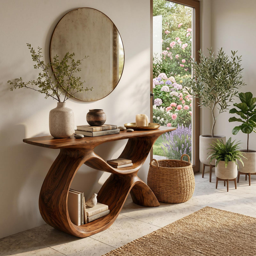 Modern Wooden Console Table with Curved Open Storage, Handcrafted Entryway Table for Hallway & Living Room, Model