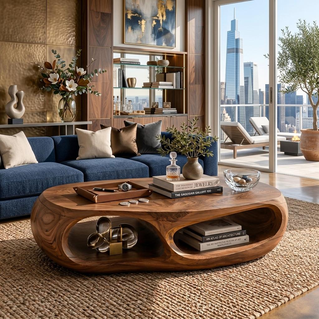 Handcrafted Wooden Coffee Table with Flow Legs, Unique Modern Organic Center Table for Living Room, Model