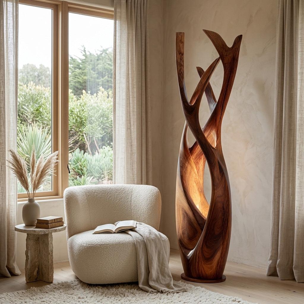 Wooden Floor Lamp, Modern Minimalist Solid Wood Standing Light with Shade for Contemporary Apartment, Model