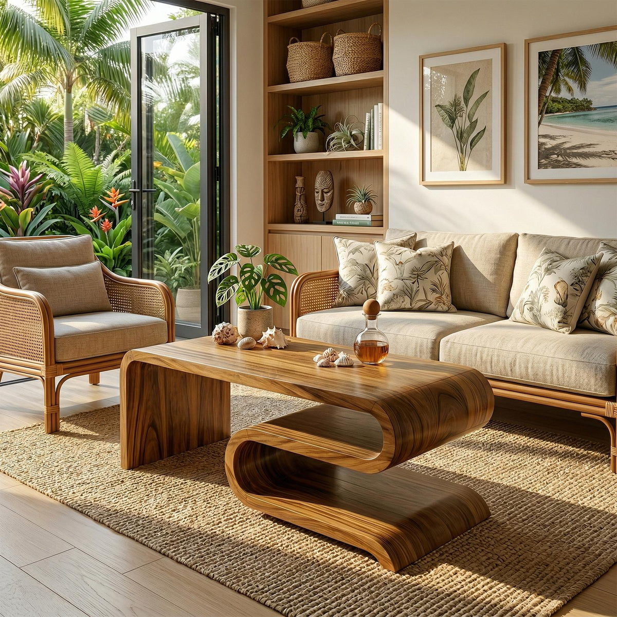 Modern Curved Solid Wood Coffee Table, Minimalist Sculptural Center Table for Living Room Lounge, Contemporary