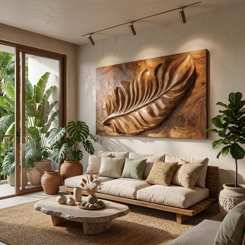 Nature Wooden Wall Art with Carved Leaf Design, Decorative Foliage Wall Panel for Living Room