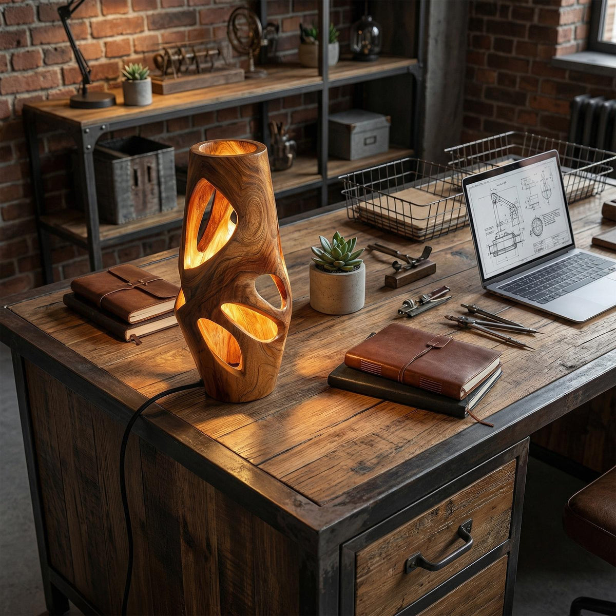 Industrial Ambient Table Lamp, Rustic Wood Nightstand Bedside Lamp for Lounge, Cafe & Bar