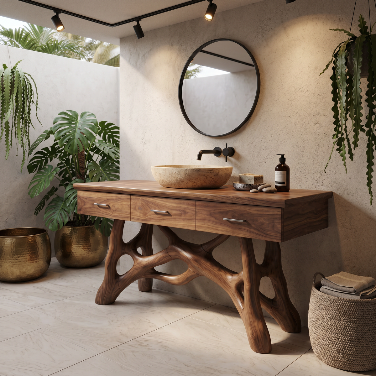 Natural Wood Sink Vanity with Drawers, Handcrafted Solid Wood Master Bathroom Storage Cabinet Console