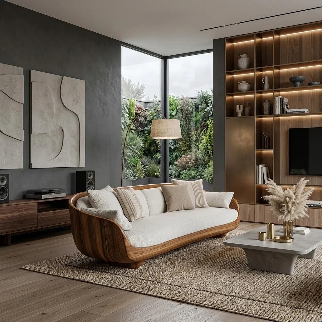 Contemporary Curved Wooden Sofa With Upholstered Seat For Living Room