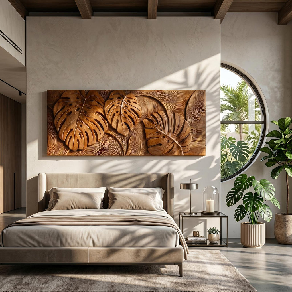 Tropical Wall Art with Leaf Texture, Carved Wood Monstera Palm Leaf Art Panel for Bathroom