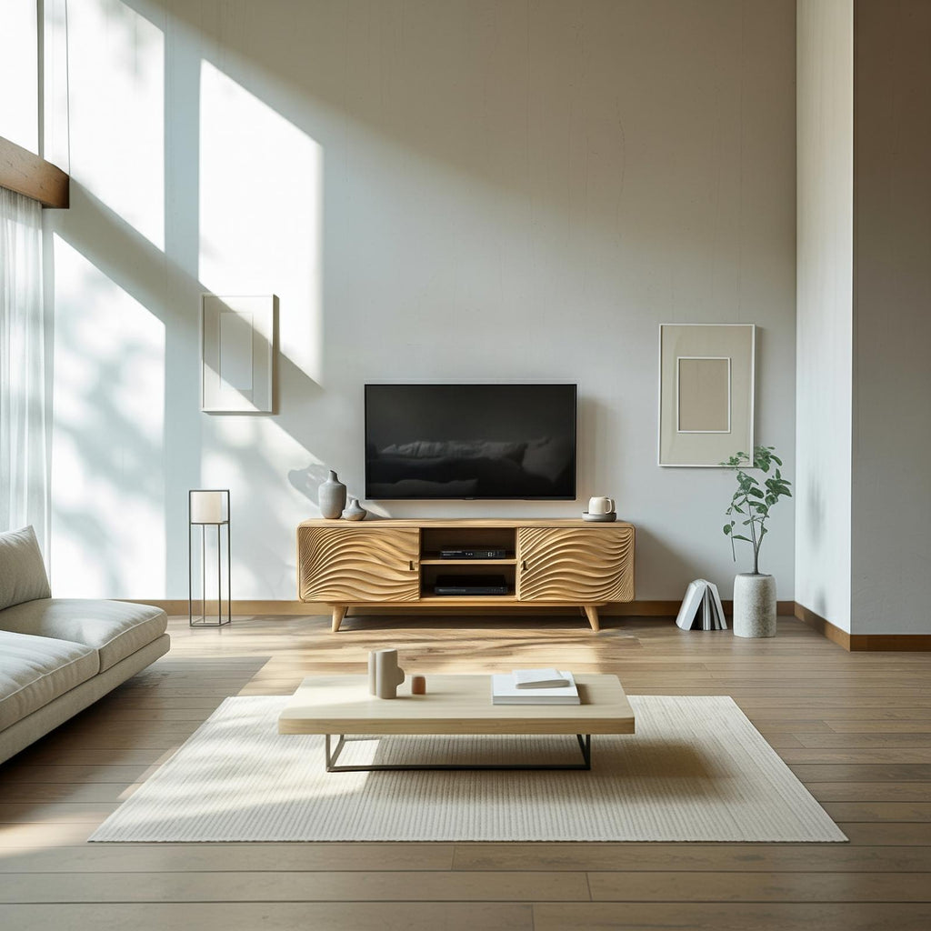 Scandinavian Modern Wood TV Stand, Minimalist Low Profile Media Console Cabinet for Living Room, Model