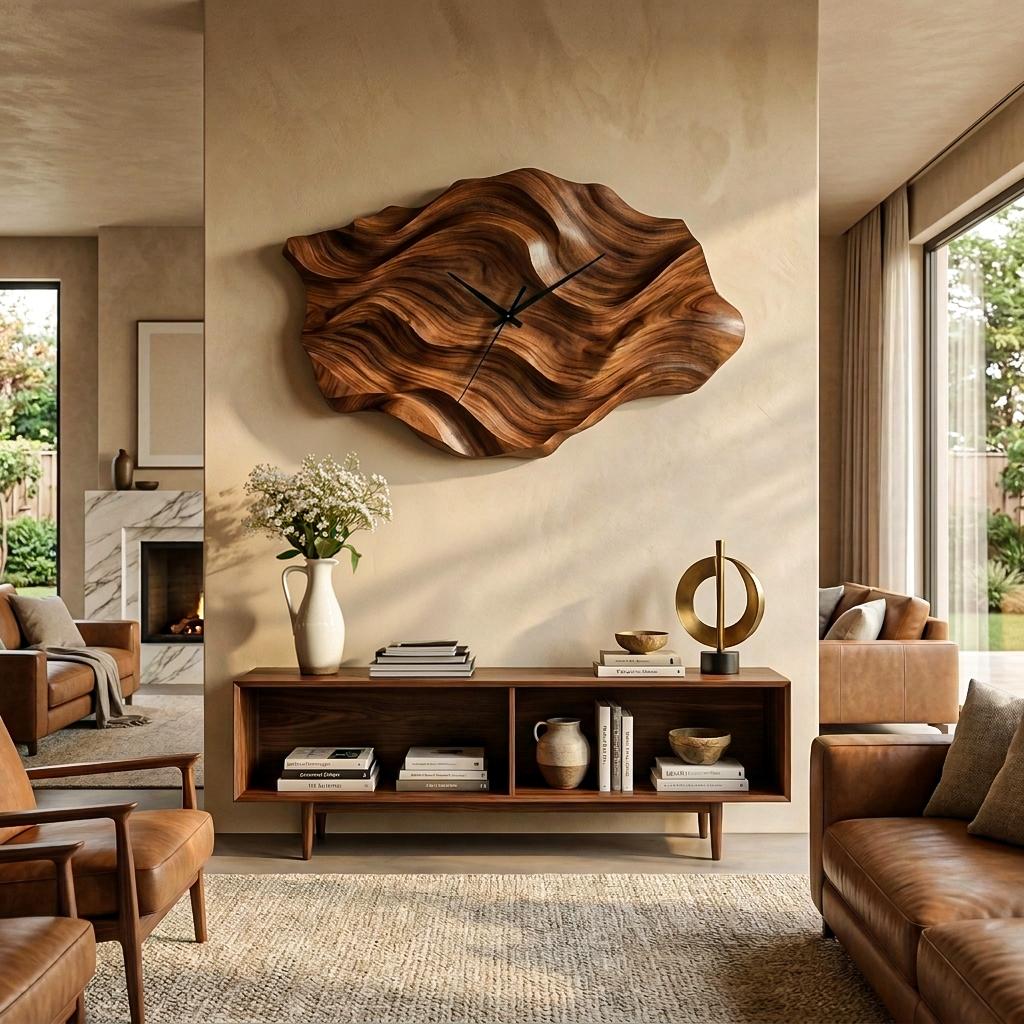 Artistic Wooden Wall Clock, Wavy Design Modern Abstract Wood Clock for Living Room & Luxury Home Decor