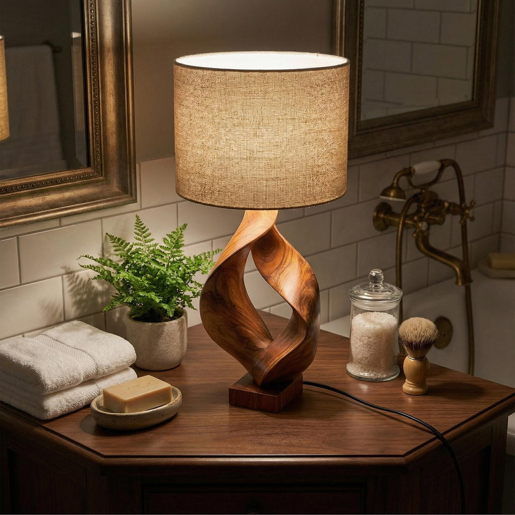 Rustic Sculptural Wood Table Lamp, Cozy Lodge Driftwood Style Accent Light for Living Room