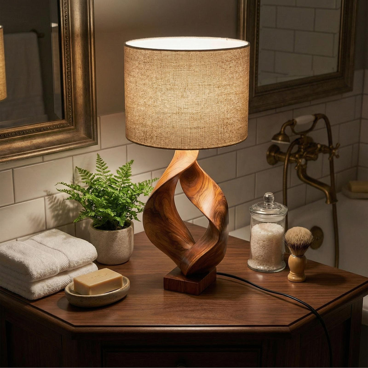 Rustic Sculptural Wood Table Lamp, Cozy Lodge Driftwood Style Accent Light for Living Room