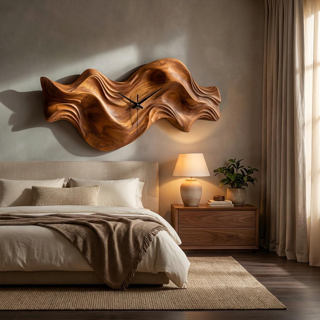 Modern Wooden Wall Clock, Organic Wave Solid Wood Hanging Art Timepiece for Cozy Bedroom Decor