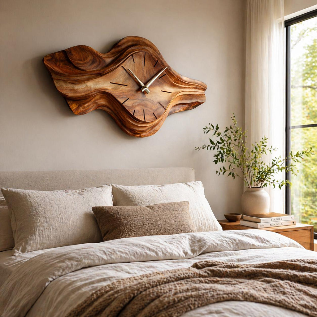 Organic Wooden Wall Clock, Sculptural Wave Design Wood Clock for Bedroom, Living Room & Office Wall Decor