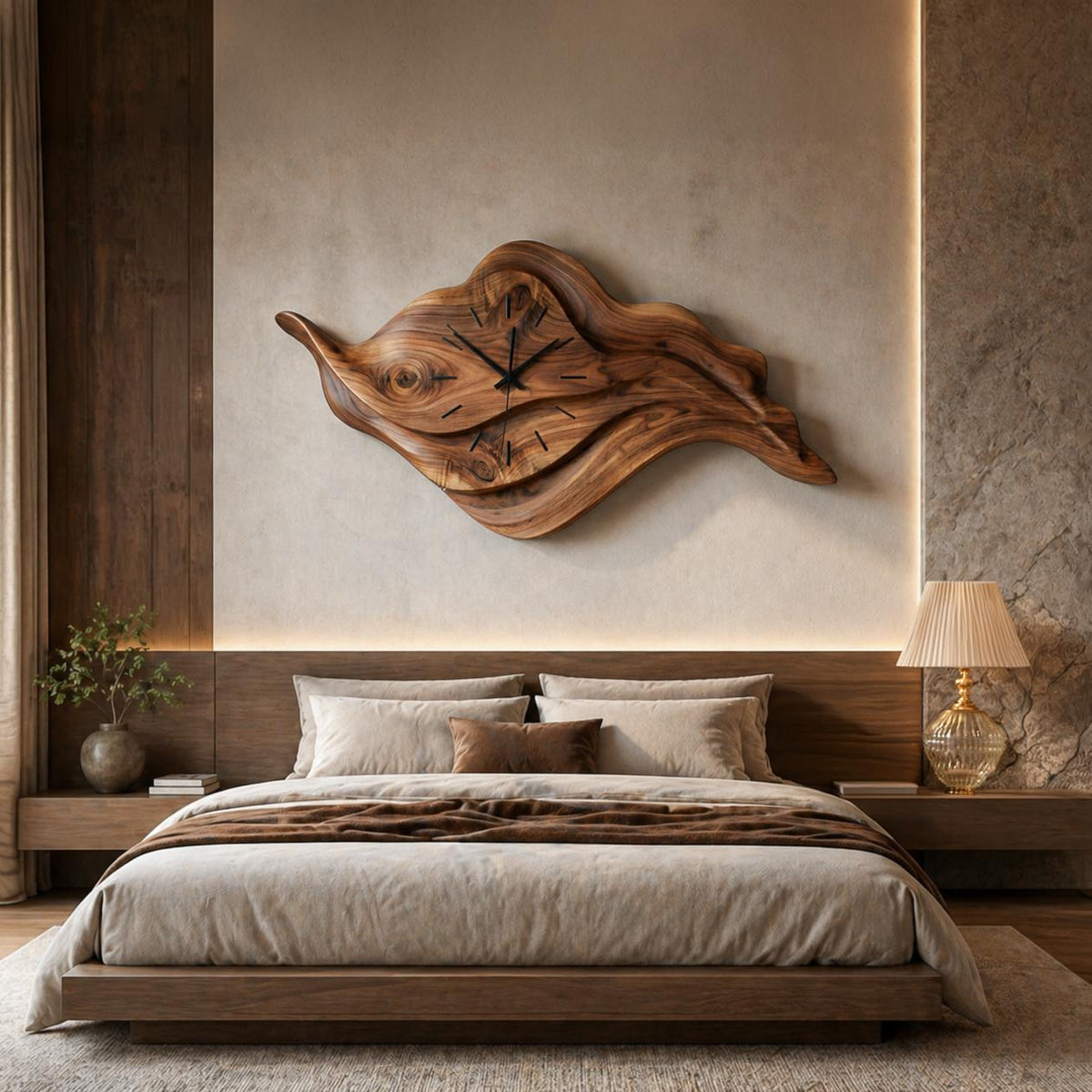 Artistic Sculptural Wooden Clock, Modern Abstract Hand-Carved Decorative Wood Desk/Wall Clock for Home Office
