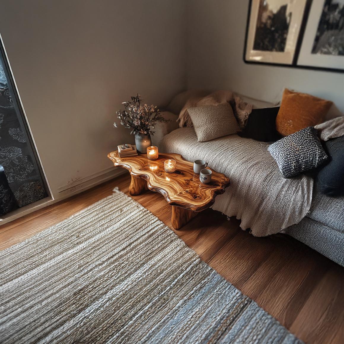 Rustic Handcrafted Wood Coffee Table, Artisanal Live Edge Centerpiece Slab Table for Living Room, Lounge, Cozy Cabin
