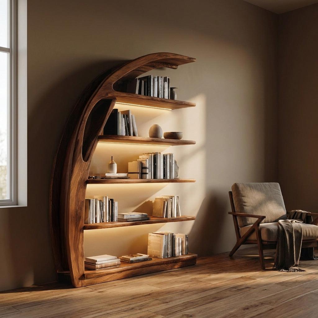 Minimal Curved Wooden Bookshelf, Handcrafted Solid Wood Bookcase for Modern Living Room Display & Office