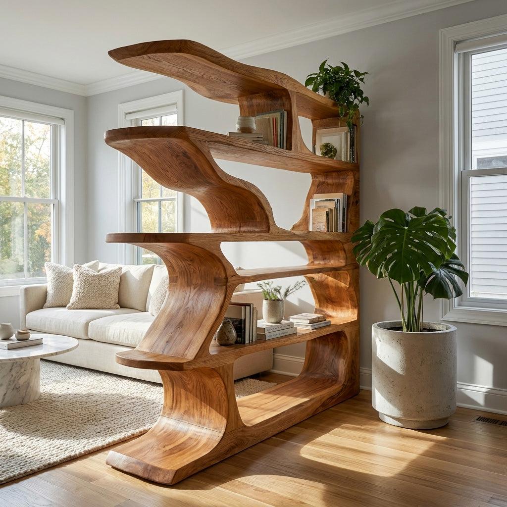 Contemporary Artistic Wooden Bookshelf, Handcrafted Solid Wood Bookcase with Open Shelves for Living Room Storage