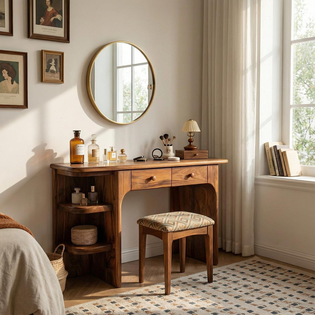 Spry Interior Rustic Dressing Table, Natural Solid Wood Makeup Vanity Desk with Drawers for Bedroom, SILDTTRMV007