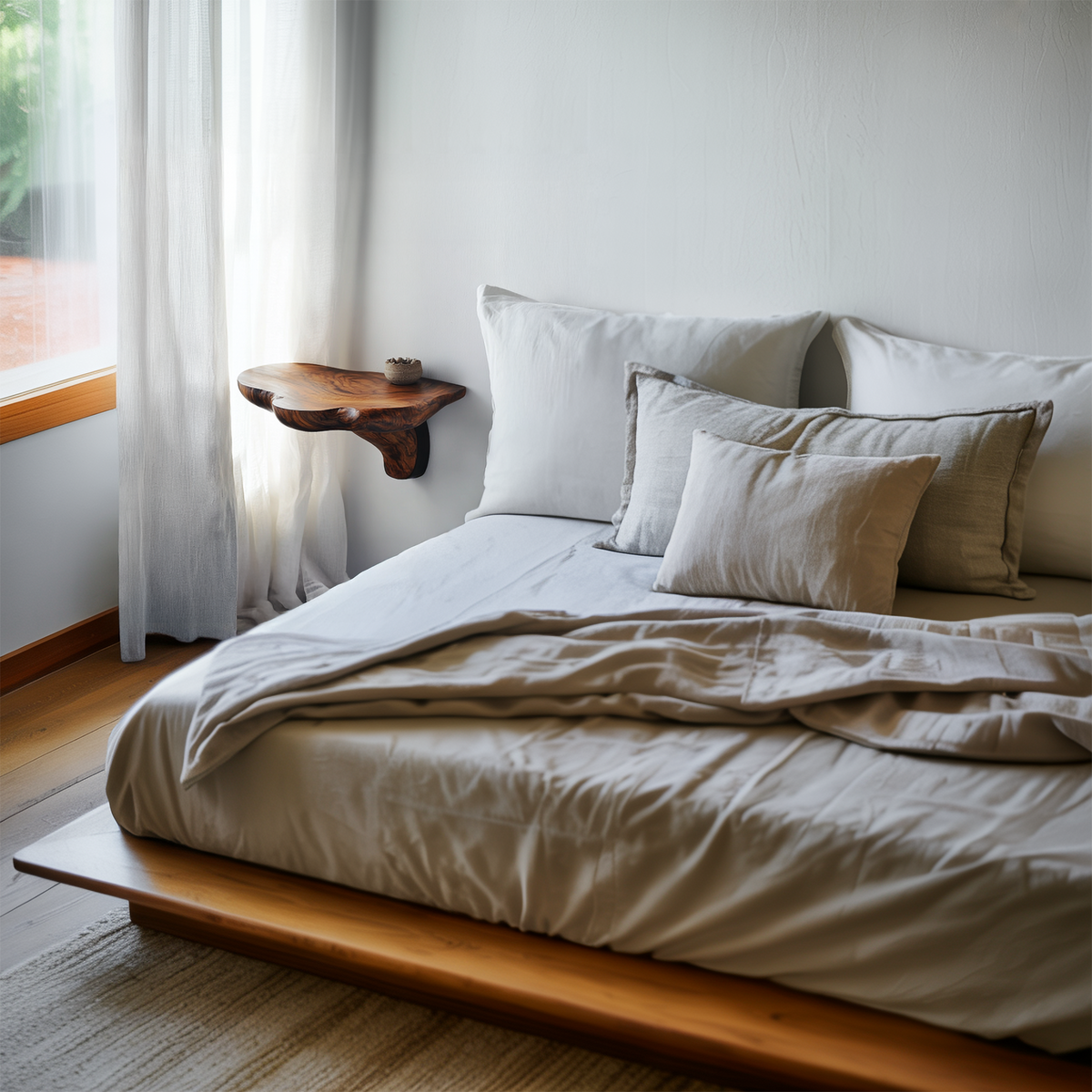 Organic Modern Accent Wall Shelf, Solid Wood Floating Book & Plant Display Ledge for Bedroom