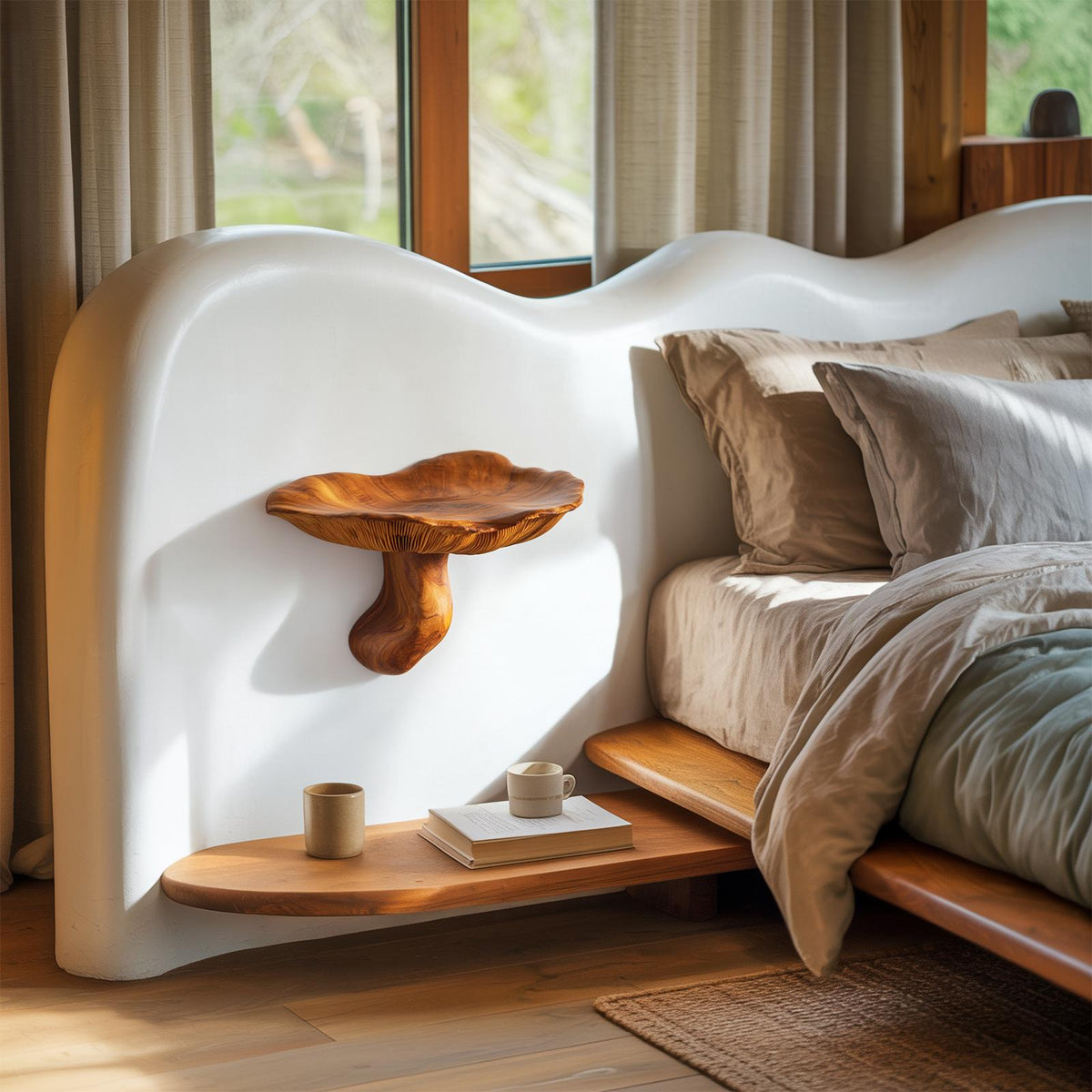 Organic Modern Bedside Wall Mushroom Shelf, Floating Wooden Display Accent Shelf for Bedroom