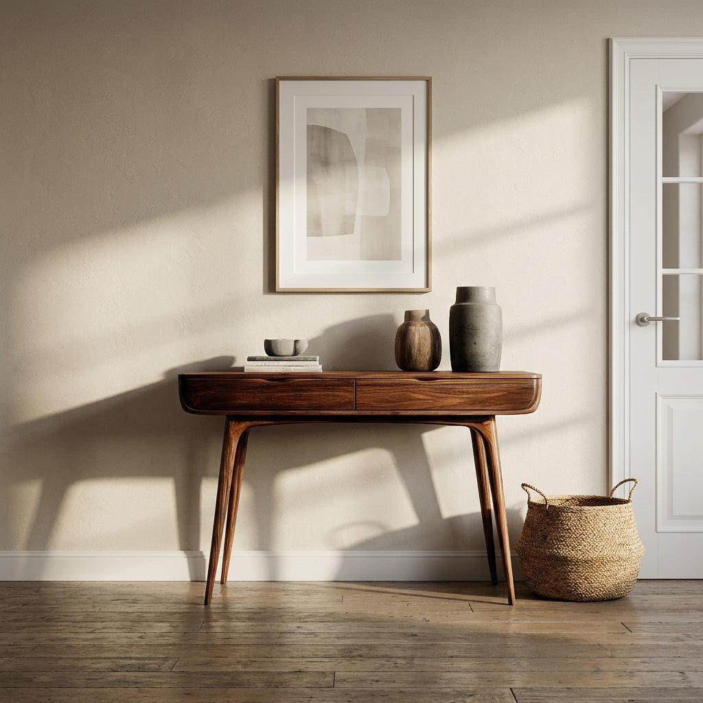 Mid-Century Natural Wood Console Table, Handcrafted Entryway Sofa Table for Hallway & Living Room Decor, Model