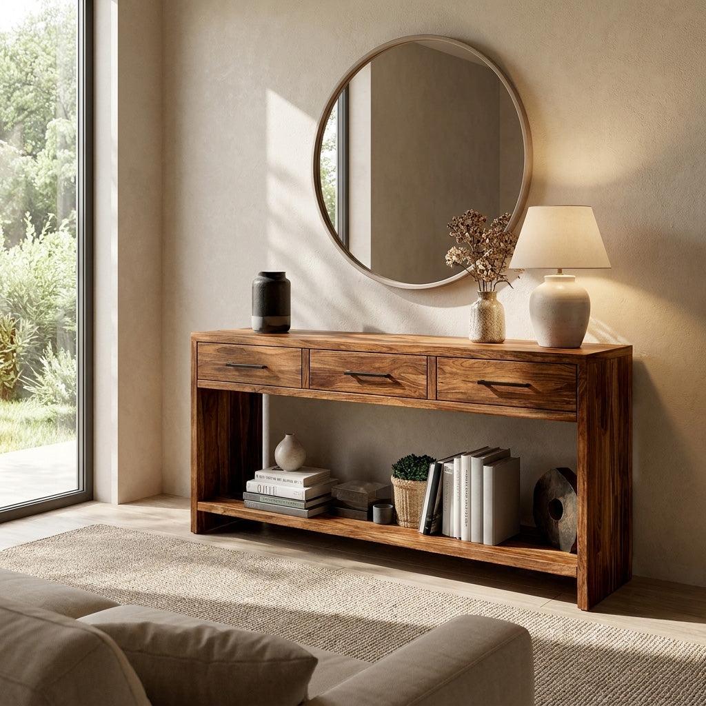 Handcrafted Wooden Console Table with Drawers, Solid Wood Entryway Table for Living Room & Hallway, Model