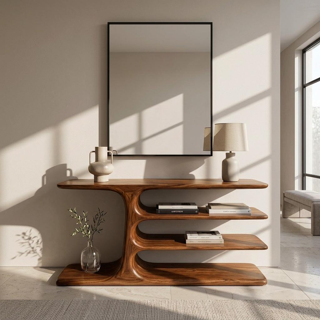 Organic Wooden Console Table with Layered Shelving, Handcrafted Entryway Table for Hallway & Living Room, Model