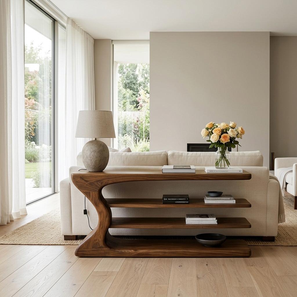 Artistic Natural Wood Console Table, Handcrafted Entryway Table for Minimalist Foyer & Living Room Interior, Model