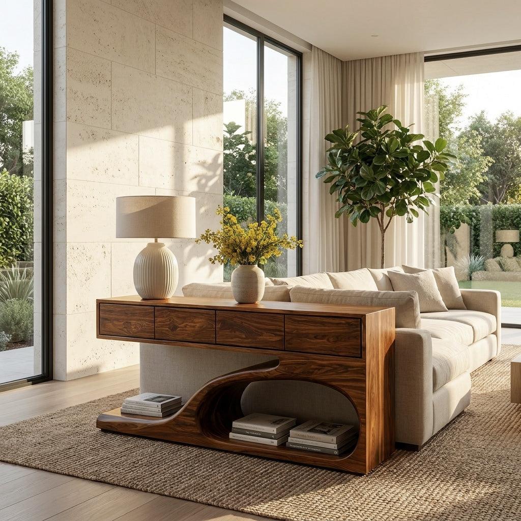 Contemporary Wooden Console Table with Unique Base, Handcrafted Entryway Table for Living Room & Hallway, Model