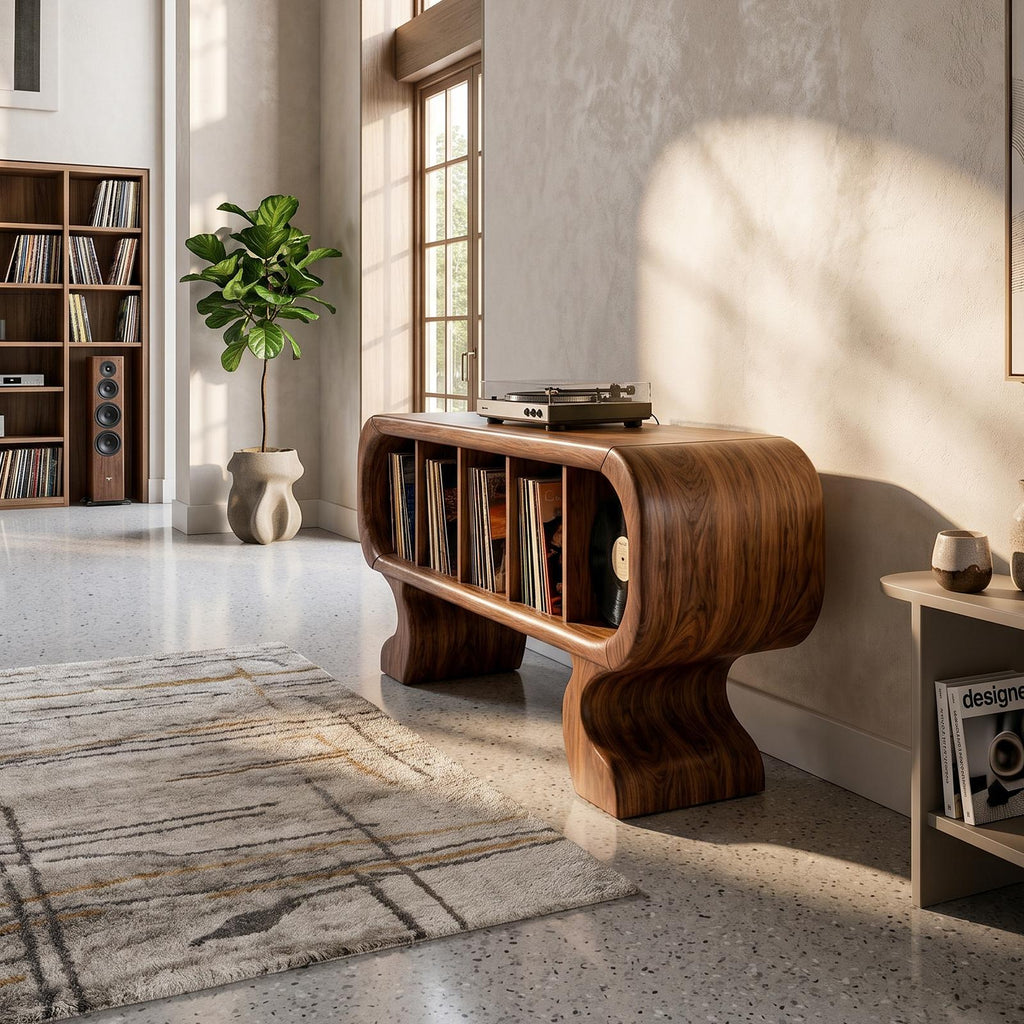 Contemporary Curved Wooden Record Player Stand, Handcrafted Modern Turntable Desk and Vinyl Storage Cabinet, Model