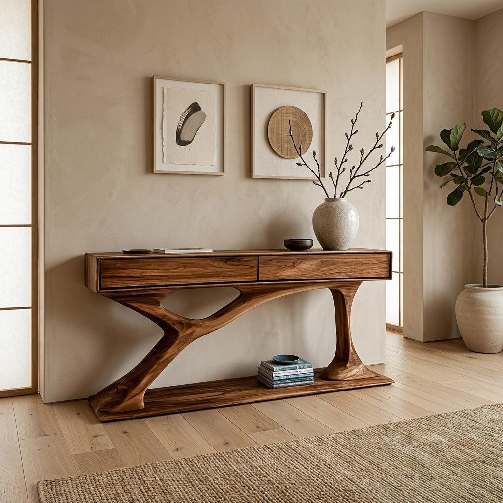 Contemporary Wooden Console Table with Sculptural Base, Handcrafted Entryway Foyer Table for Living Room, Model