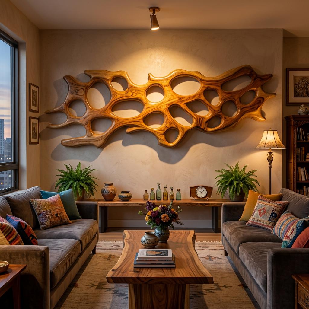 Organic Wooden Wall Art Sculpture, Handcrafted Abstract Carving 3D Hanging Wood Panel Panel for Living Room Lounge