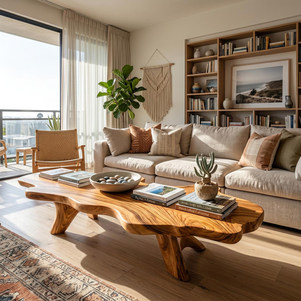 Handcrafted Solid Wood Low Coffee Table, Live Edge Natural Wood Center Table for Artisan Living Rooms