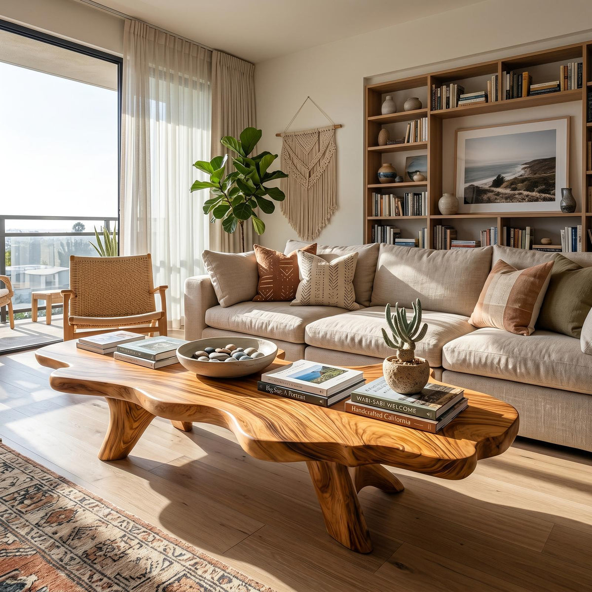 Handcrafted Solid Wood Low Coffee Table, Live Edge Natural Wood Center Table for Artisan Living Rooms